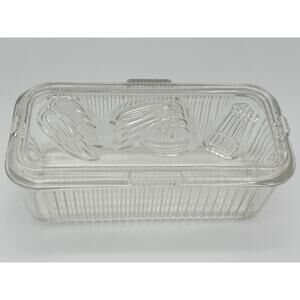 Vintage 1940's Federal Glass Clear Refrigerator Dish W/Lid Embossed Vegetables